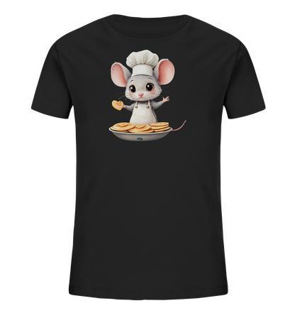 Dunkelblaues Kinder-T-Shirt mit niedlicher Maus und Herz-Pfannkuchen-Motiv.