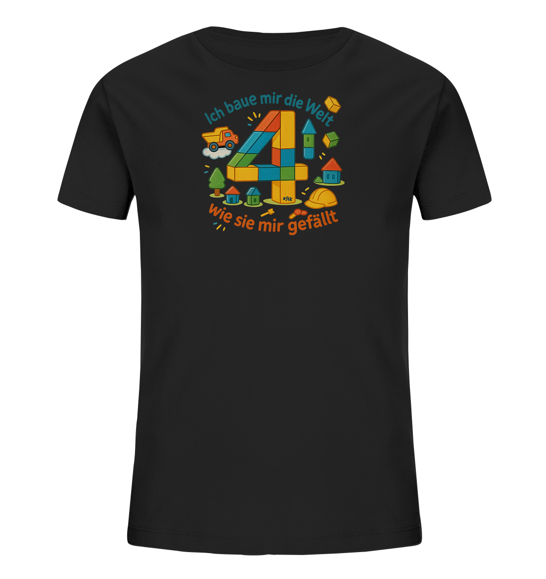 Onlineshop Shirts fuer Kinder - Das Bild zeigt ein schwarzes T-Shirt fuer Kinder mit einem grossen, bunten Design in der Mitte. Im Zentrum steht die Zahl '4', dargestellt durch uebereinander gestapelte Bausteine in verschiedenen Farben. Das Design ist umgeben von kleinen, cartoonhaften Elementen wie Haeusern, Baeumen, einem Baufahrzeug und einem Bauhelm. Darueber und darunter steht der Text "Ich baue mir die Welt Wie sie mir gefaellt".