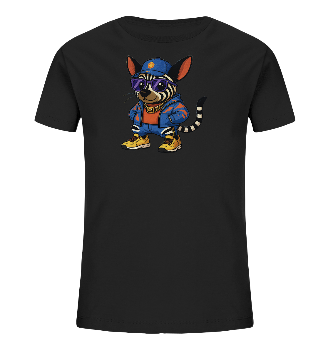 Onlineshop Shirts fuer Kinder - Das schwarze Kinder-T-Shirt praesentiert ein cooles, urbanes Tier-Motiv. Das stilisierte Tier traegt eine blaue Kappe, lila Sonnenbrille, goldene Kette und eine orange-blaue Jacke mit gelben Sneakern. Dieses detailreiche Design verleiht dem Shirt einen modernen Look. Das T-Shirt wird frontal auf einem einfarbigen schwarzen Hintergrund dargestellt.