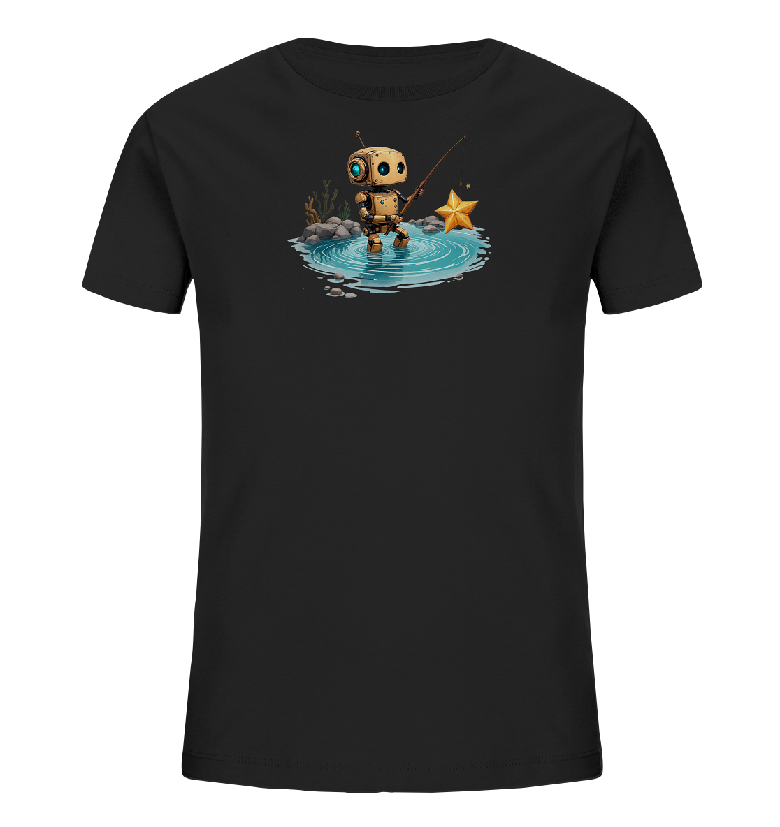 Onlineshop Shirts für Kinder - Dieses Bild zeigt ein schwarzes Kinder-T-Shirt mit einem einzigartigen Aufdruck. Auf der Vorderseite ist ein kleiner, freundlich aussehender Roboter zu sehen, der in einem kleinen Wasserloch angelt. Anstelle eines Fisches hat er einen leuchtend goldenen Stern an seiner Angelrute. Die Szene ist von Steinen und einigen Pflanzen umgeben und erzeugt eine verspielte und fantasievolle Atmosphäre.