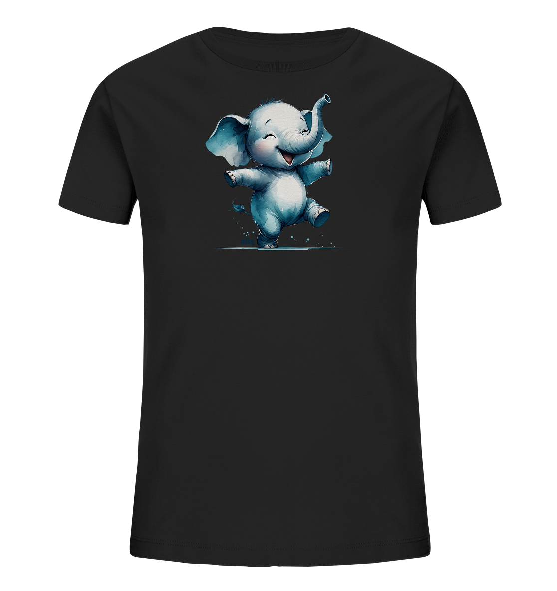 Onlineshop Shirts fuer Kinder - Das Bild zeigt ein schwarzes T-Shirt fuer Kinder mit einem niedlichen, cartoonhaften Elefantenmotiv auf der Vorderseite. Der hellblaue Elefant ist lachend dargestellt und scheint froehlich zu tanzen oder zu springen. Um seine Fuesse herum sind kleine Spritzer oder Wassertropfen zu sehen. Das Design hat einen verspielten und kindgerechten Charakter.