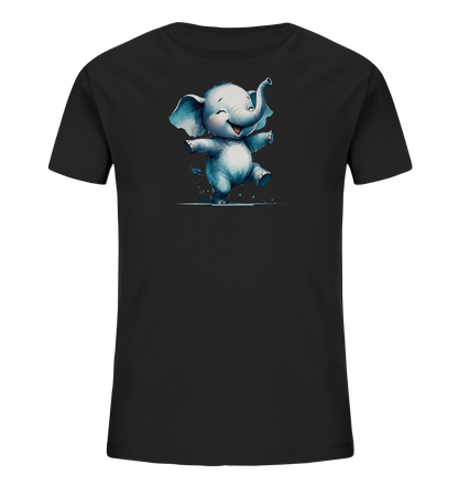 Onlineshop Shirts fuer Kinder - Das Bild zeigt ein schwarzes T-Shirt fuer Kinder mit einem niedlichen, cartoonhaften Elefantenmotiv auf der Vorderseite. Der hellblaue Elefant ist lachend dargestellt und scheint froehlich zu tanzen oder zu springen. Um seine Fuesse herum sind kleine Spritzer oder Wassertropfen zu sehen. Das Design hat einen verspielten und kindgerechten Charakter.