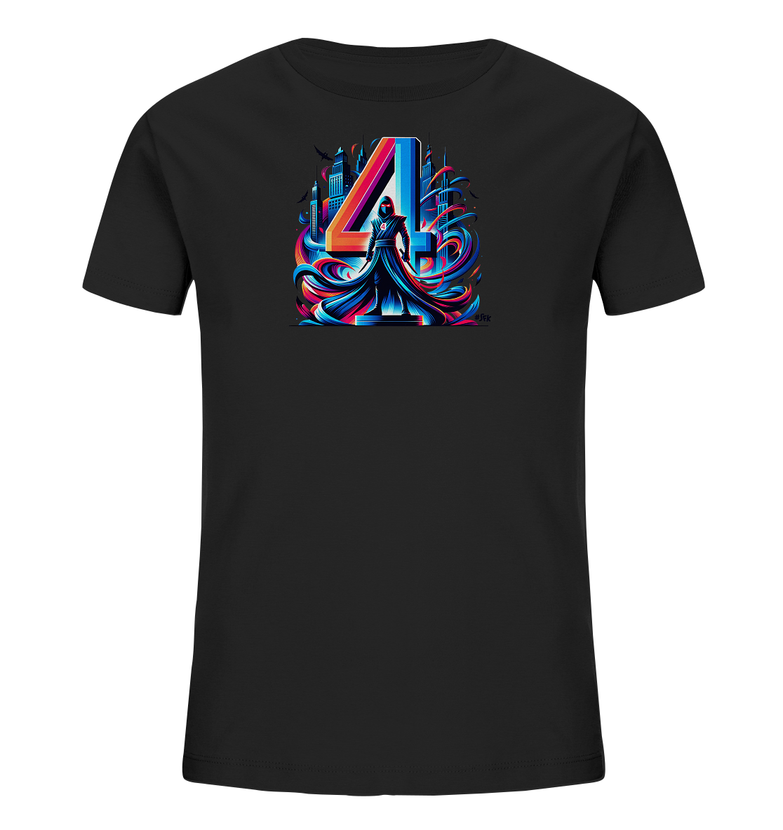Onlineshop Shirts fuer Kinder - Das Bild zeigt ein schwarzes T-Shirt mit einem auffaelligen Druck auf der Vorderseite. Das zentrale Element ist eine grosse, mehrfarbige Zahl Vier mit leuchtenden, fliessenden Linien in Pink, Blau und Orange. Davor ist eine stilisierte Figur in dunkler Kleidung dargestellt. Im Hintergrund ist eine angedeutete Stadtkulisse zu erkennen.