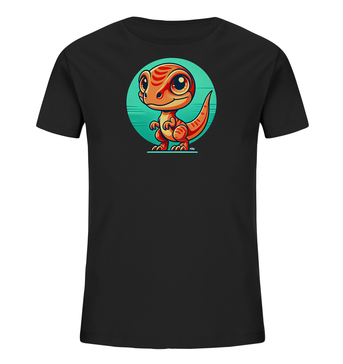 Onlineshop Shirts fuer Kinder - Das Bild zeigt ein schwarzes Kinder-T-Shirt. Auf der Vorderseite ist eine niedliche, orangefarbene Cartoon-Figur eines Dinosauriers mit Streifen und grossen Augen abgebildet. Der Dinosaurier steht in einem runden, tuerkisfarbenen Hintergrund mit horizontalen Linien. Das Motiv verleiht dem Shirt einen verspielten Charakter.
