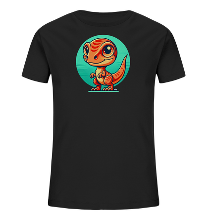 Onlineshop Shirts fuer Kinder - Das Bild zeigt ein schwarzes Kinder-T-Shirt. Auf der Vorderseite ist eine niedliche, orangefarbene Cartoon-Figur eines Dinosauriers mit Streifen und grossen Augen abgebildet. Der Dinosaurier steht in einem runden, tuerkisfarbenen Hintergrund mit horizontalen Linien. Das Motiv verleiht dem Shirt einen verspielten Charakter.
