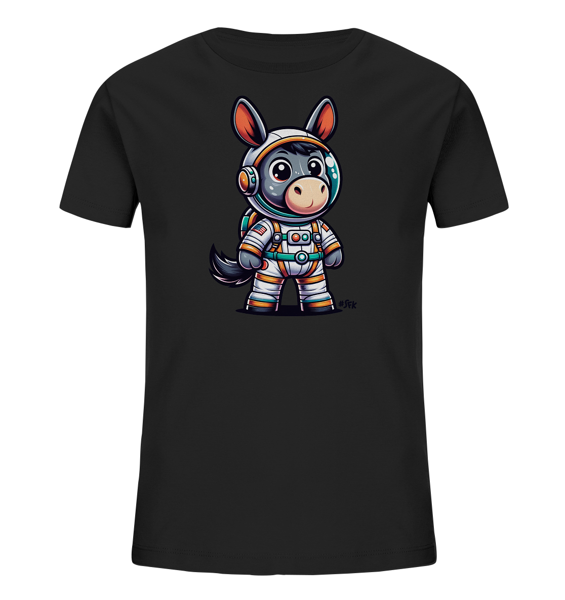 Onlineshop Shirts fuer Kinder - Das Bild zeigt ein schwarzes T-Shirt fuer Kinder. Auf der Vorderseite ist eine detailreiche, cartoonartige Illustration eines Esels zu sehen. Der Esel traegt einen weissen Astronautenanzug mit farbigen Akzenten und Helm. Das gesamte Motiv wirkt froehlich und Weltraum-inspiriert.