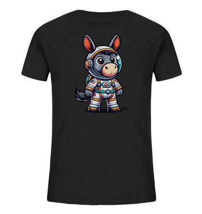 Onlineshop Shirts fuer Kinder - Das Bild zeigt ein schwarzes T-Shirt fuer Kinder. Auf der Vorderseite ist eine detailreiche, cartoonartige Illustration eines Esels zu sehen. Der Esel traegt einen weissen Astronautenanzug mit farbigen Akzenten und Helm. Das gesamte Motiv wirkt froehlich und Weltraum-inspiriert.