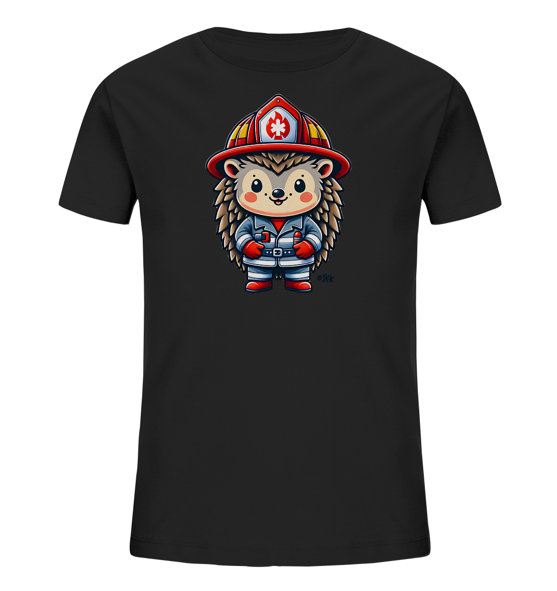Onlineshop Shirts fuer Kinder - Das Bild zeigt ein schwarzes Kinder-T-Shirt mit einer charmanten Illustration eines Igels. Der Igel ist als Feuerwehrmann verkleidet und traegt einen roten Helm sowie eine graue Uniform mit Streifen. Er hat ein freundliches Laecheln und haelt kleine rote Gegenstaende in seinen Pfoten. Das Design ist detailliert und ansprechend fuer Kinder.