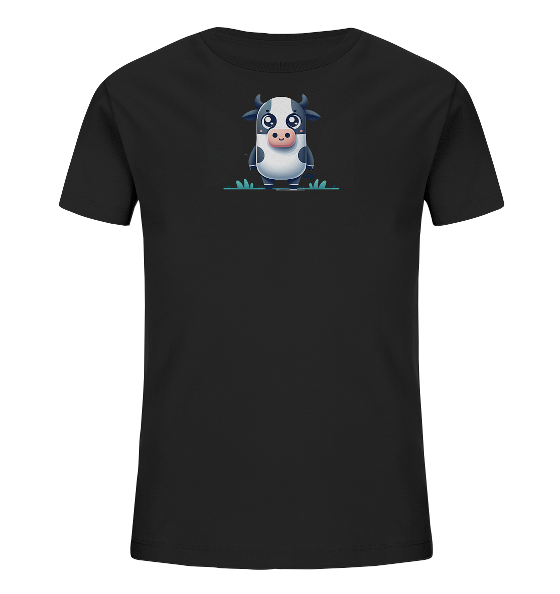 Onlineshop Shirts fuer Kinder - Das Bild zeigt ein schwarzes Kinder-T-Shirt mit einer charmanten, cartoonhaften Illustration einer Kuh. Die Kuh steht aufrecht auf einem stilisierten gruenen Untergrund und hat grosse, ausdrucksstarke Augen sowie graue Flecken auf weissem Fell. Das Design ist einfach und ansprechend, ideal fuer Kinder.