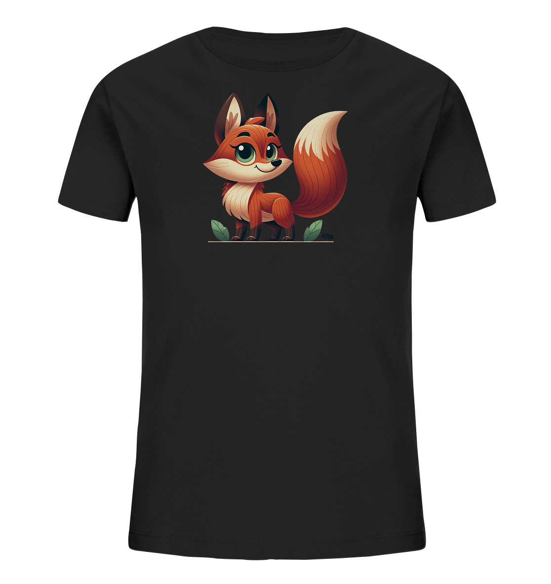 Onlineshop Shirts fuer Kinder - Das Bild zeigt ein schwarzes Kinder-T-Shirt. Auf der Vorderseite befindet sich eine detaillierte Illustration eines niedlichen Fuchses im Cartoon-Stil. Der Fuchs hat grosse gruene Augen, einen buschigen Schwanz und steht auf einem angedeuteten Boden zwischen gruenen Blaettern.