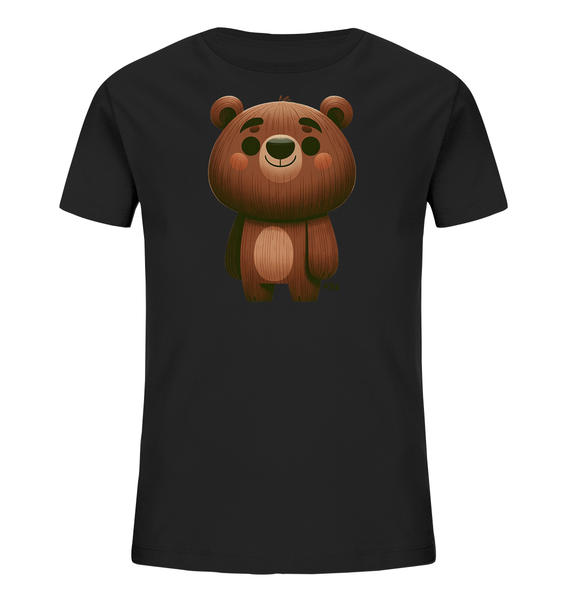Onlineshop Shirts fuer Kinder - Das Bild zeigt ein schwarzes T-Shirt fuer Kinder. Auf der Vorderseite befindet sich eine detaillierte Illustration eines braunen Baeren im Comic-Stil. Der Baer hat ein freundliches Gesicht mit einem breiten Laecheln und runden Wangen. Die Grafik verleiht dem Shirt einen verspielten Look.