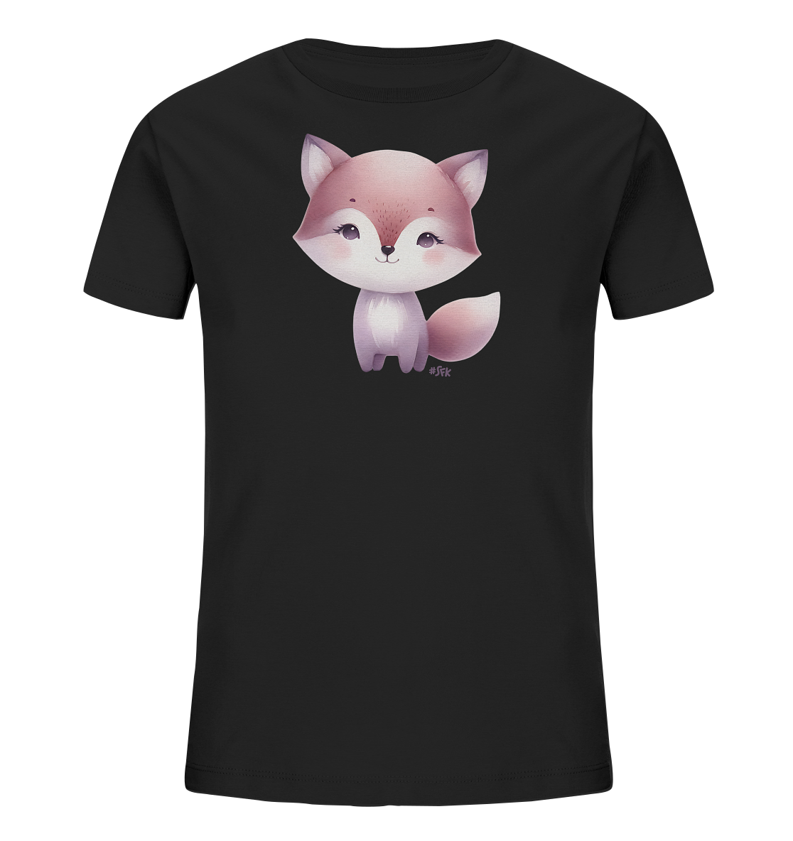 Onlineshop Shirts fuer Kinder - Das Bild zeigt ein schwarzes Kinder-T-Shirt mit einer entzueckenden Illustration eines kleinen Fuchses. Der Fuchs ist in sanften rosa-violetten Farbtoenen gehalten, sitzt aufrecht und hat grosse, ausdrucksstarke Augen. Sein freundliches Gesicht und der buschige Schwanz verleihen dem Design einen niedlichen Charakter. Dieses verspielte Motiv ist ein Blickfang auf dem dunklen Stoff des Shirts.
