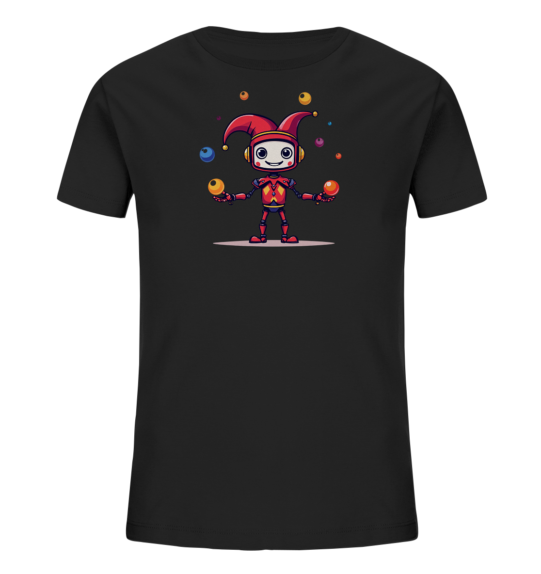 Onlineshop Shirts für Kinder - Das Bild zeigt ein schwarzes T-Shirt für Kinder. Auf der Vorderseite ist eine farbenfrohe Illustration eines kleinen Roboters abgebildet. Der Roboter trägt einen roten Narrenhut und jongliert mit mehreren Bällen in verschiedenen Farben wie Blau, Gelb, Orange und Rot. Der Roboter hat ein freundliches Gesicht mit Kopfhörern und ist in Rot mit goldenen und blauen Details gestaltet.