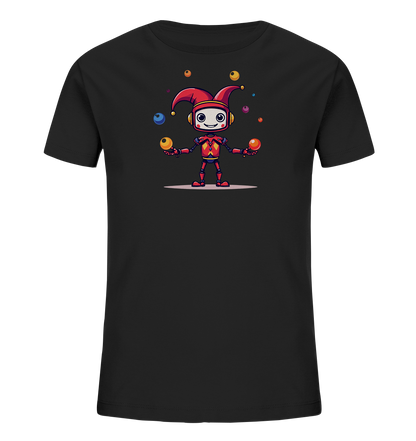 Onlineshop Shirts für Kinder - Das Bild zeigt ein schwarzes T-Shirt für Kinder. Auf der Vorderseite ist eine farbenfrohe Illustration eines kleinen Roboters abgebildet. Der Roboter trägt einen roten Narrenhut und jongliert mit mehreren Bällen in verschiedenen Farben wie Blau, Gelb, Orange und Rot. Der Roboter hat ein freundliches Gesicht mit Kopfhörern und ist in Rot mit goldenen und blauen Details gestaltet.