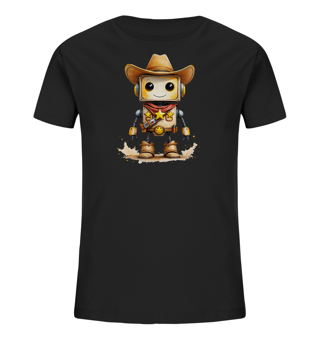 Onlineshop Shirts für Kinder - Das Bild zeigt ein schwarzes T-Shirt für Kinder mit einem aufgedruckten Motiv eines Cowboy-Roboters. Der Roboter trägt einen braunen Cowboyhut, ein rotes Halstuch und Stiefel und hat Sheriffsterne auf der Brust. Er hat ein freundliches, lächelndes Gesicht mit großen runden Augen. Das Motiv ist im Cartoon-Stil gehalten und zeigt den Roboter auf staubigem Untergrund stehend, was eine spielerische Western-Atmosphäre erzeugt.