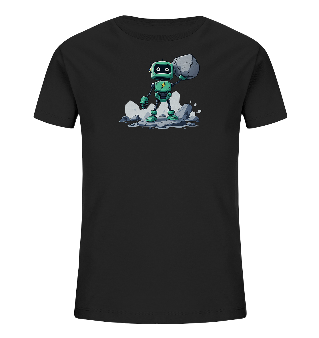 Onlineshop Shirts für Kinder - Das Bild zeigt ein schwarzes T-Shirt für Kinder mit einem auffälligen Frontmotiv. Dargestellt ist ein grüner Roboter, der auf einem Haufen grauer Felsen steht. Der Roboter hebt mit seiner rechten Hand einen großen Stein über seinen Kopf, was Stärke symbolisiert. Das Design umfasst auch kleinere Felsbrocken und Spritzer, die den dynamischen Charakter der Szene unterstreichen und das T-Shirt zu einem Blickfang machen.