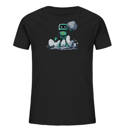 Onlineshop Shirts für Kinder - Das Bild zeigt ein schwarzes T-Shirt für Kinder mit einem auffälligen Frontmotiv. Dargestellt ist ein grüner Roboter, der auf einem Haufen grauer Felsen steht. Der Roboter hebt mit seiner rechten Hand einen großen Stein über seinen Kopf, was Stärke symbolisiert. Das Design umfasst auch kleinere Felsbrocken und Spritzer, die den dynamischen Charakter der Szene unterstreichen und das T-Shirt zu einem Blickfang machen.