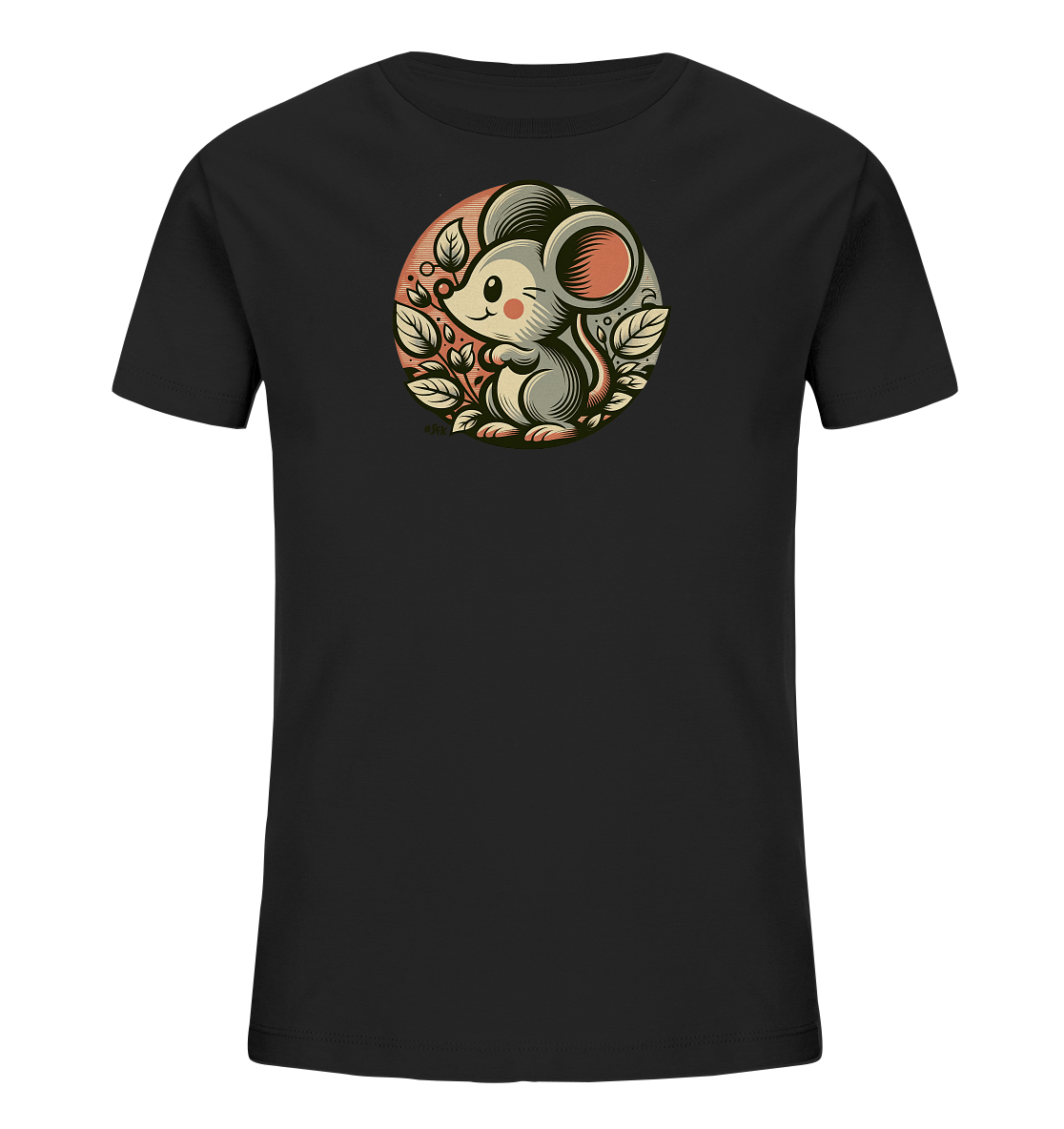 Onlineshop Shirts fuer Kinder - Dieses schwarze T-Shirt fuer Kinder zeigt ein kreisfoermiges Motiv auf der Vorderseite. Im Zentrum des Designs sitzt eine niedliche, cartoonhafte Maus umgeben von Blaettern. Die Maus hat grosse pinke Ohren und Wangen und laechelt verspielt. Der Hintergrund des Kreises zeigt einen sanften Farbverlauf von Orange zu Grau, was dem Motiv eine warme und natuerliche Ausstrahlung verleiht.