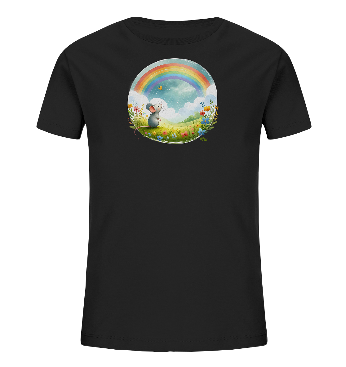 Onlineshop Shirts fuer Kinder - Das Bild zeigt ein schwarzes T-Shirt fuer Kinder mit einer runden Grafik auf der Vorderseite. Die Illustration stellt eine Szene mit einer kleinen Maus in einem Blumenfeld dar. Über der Maus erstreckt sich ein farbenfroher Regenbogen ueber einen Himmel mit Wolken, waehrend ein Schmetterling in der Luft schwebt. Das Design wirkt verspielt und farbenfroh, ideal fuer ein Kinderoutfit.