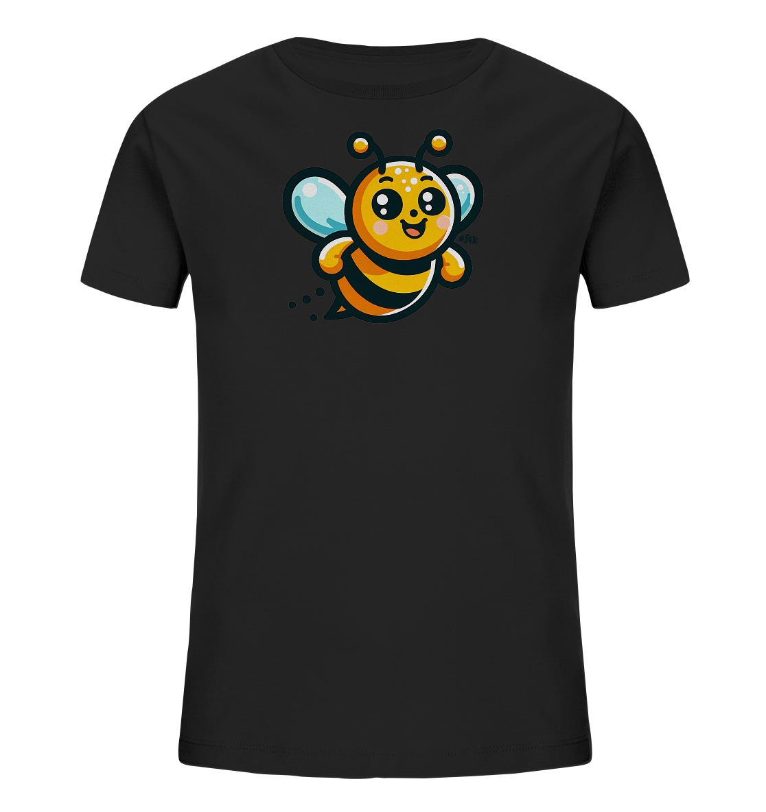Onlineshop Shirts fuer Kinder - Das Bild zeigt ein schwarzes Kinder-T-Shirt mit einer farbenfrohen Grafik. Im Zentrum des Shirts ist eine suesse, cartoonartige Biene abgebildet, die in der Luft schwebt. Die Biene hat grosse Augen, laechelt froehlich und ist in Gelb, Schwarz und Blau gehalten. Kleine Punkte deuten ihre Flugbahn an und verleihen dem Motiv eine dynamische Note.