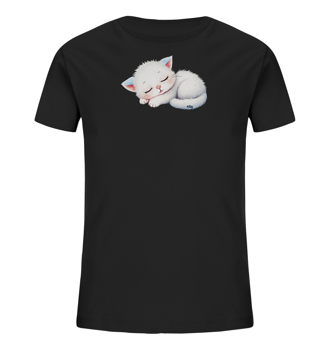 Onlineshop Shirts fuer Kinder - Das Bild zeigt ein schlichtes schwarzes Kinder-T-Shirt. Auf der Vorderseite ist eine niedliche Illustration eines schlafenden weissen Kaetzchens zu sehen. Das Kaetzchen ist friedlich zusammengerollt, mit geschlossenen Augen und zarten rosa sowie hellblauen Farbakzenten an Ohren und Nase. Das Motiv verleiht dem T-Shirt einen sanften und beruhigenden Charakter.