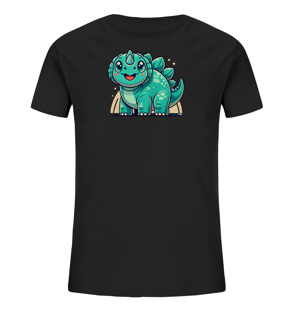Onlineshop Shirts fuer Kinder - Auf diesem schwarzen T-Shirt fuer Kinder ist ein freundlicher, tuerkiser Dinosaurier abgebildet. Der Cartoon-Dino mit seinen grossen Augen und Rueckenzacken laechelt und steht auf einem bogenfoermigen Element. Kleine Sterne umgeben das Motiv. Es ist ein schlichtes, aber froehliches Design.