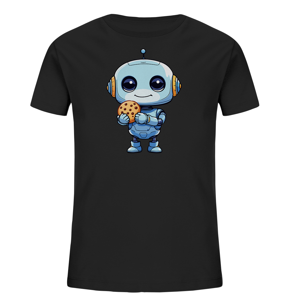Onlineshop Shirts für Kinder - Das Bild zeigt ein schlichtes, schwarzes T-Shirt für Kinder. Auf der Vorderseite ist eine freundliche, cartoonartige Illustration eines kleinen blauen Roboters zu sehen. Der Roboter hat große, runde Augen, orangefarbene Akzente an den Ohren und hält einen Keks mit Schokostückchen in seinen Armen. Dieses Design verleiht dem Shirt einen verspielten und charmanten Look, der gut zu einem Kinderoutfit passt.