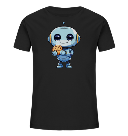 Onlineshop Shirts für Kinder - Das Bild zeigt ein schlichtes, schwarzes T-Shirt für Kinder. Auf der Vorderseite ist eine freundliche, cartoonartige Illustration eines kleinen blauen Roboters zu sehen. Der Roboter hat große, runde Augen, orangefarbene Akzente an den Ohren und hält einen Keks mit Schokostückchen in seinen Armen. Dieses Design verleiht dem Shirt einen verspielten und charmanten Look, der gut zu einem Kinderoutfit passt.
