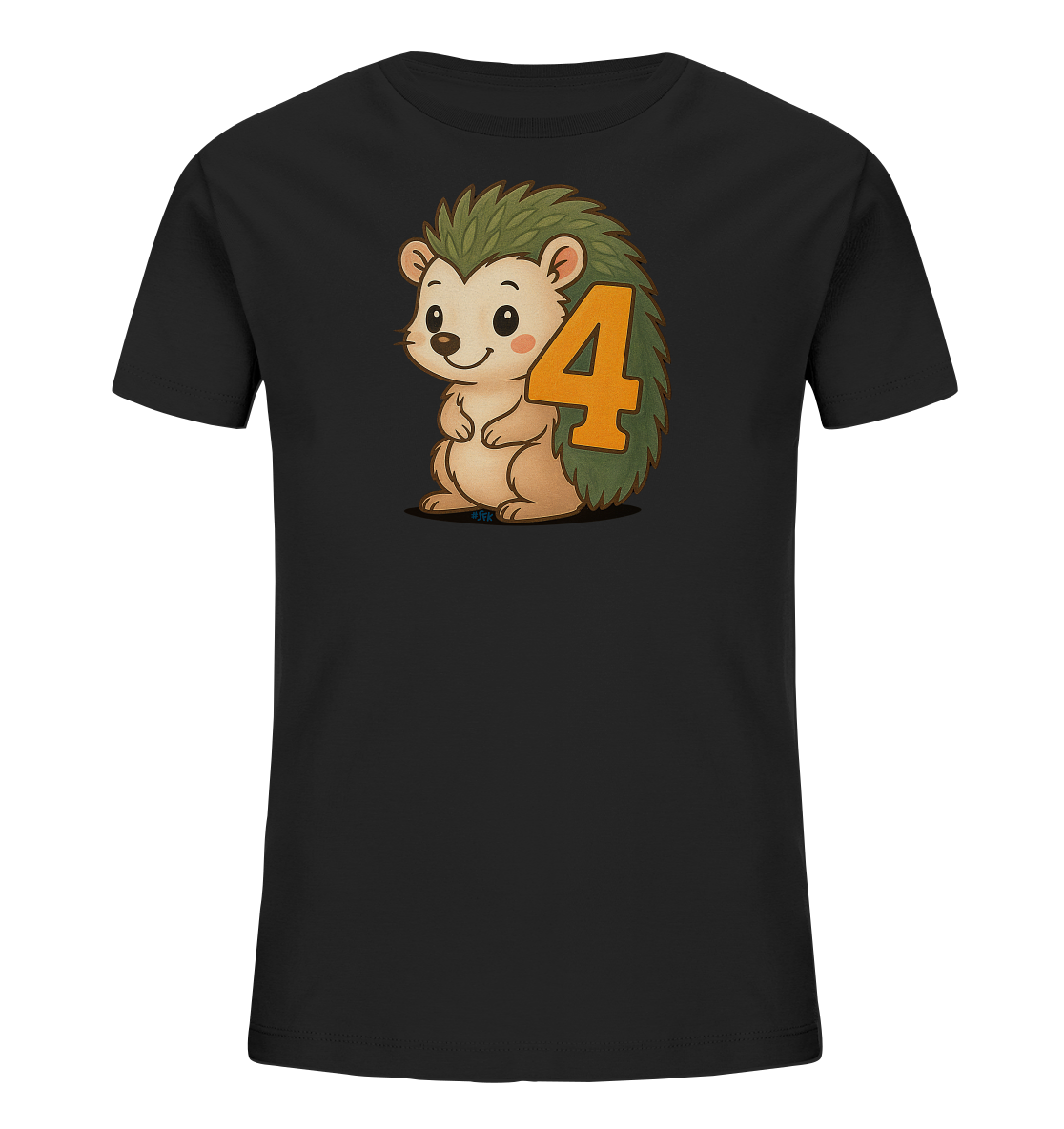 Onlineshop Shirts fuer Kinder - Dieses schwarze Kinder-T-Shirt zeigt eine niedliche Cartoon-Illustration eines Igels. Der Igel mit seinen gruenen Stacheln steht aufrecht und laechelt freundlich. Auf seinem Ruecken ist eine grosse, leuchtend orangefarbene Zahl '4' abgebildet. Das Motiv ist charmant und verspielt.