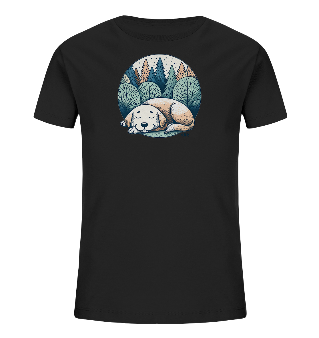 Onlineshop Shirts fuer Kinder - Das Bild zeigt ein schwarzes Kinder-T-Shirt mit einem runden Grafikmotiv auf der Vorderseite. Das Motiv stellt einen schlafenden, hellbraunen Hund in einer Waldlandschaft dar. Der Hintergrund zeigt Baeume, Straeucher und einen Himmel mit Sternen, alles in erdigen und blauen Toenen gehalten. Das gesamte Design wirkt ruhig und naturverbunden.