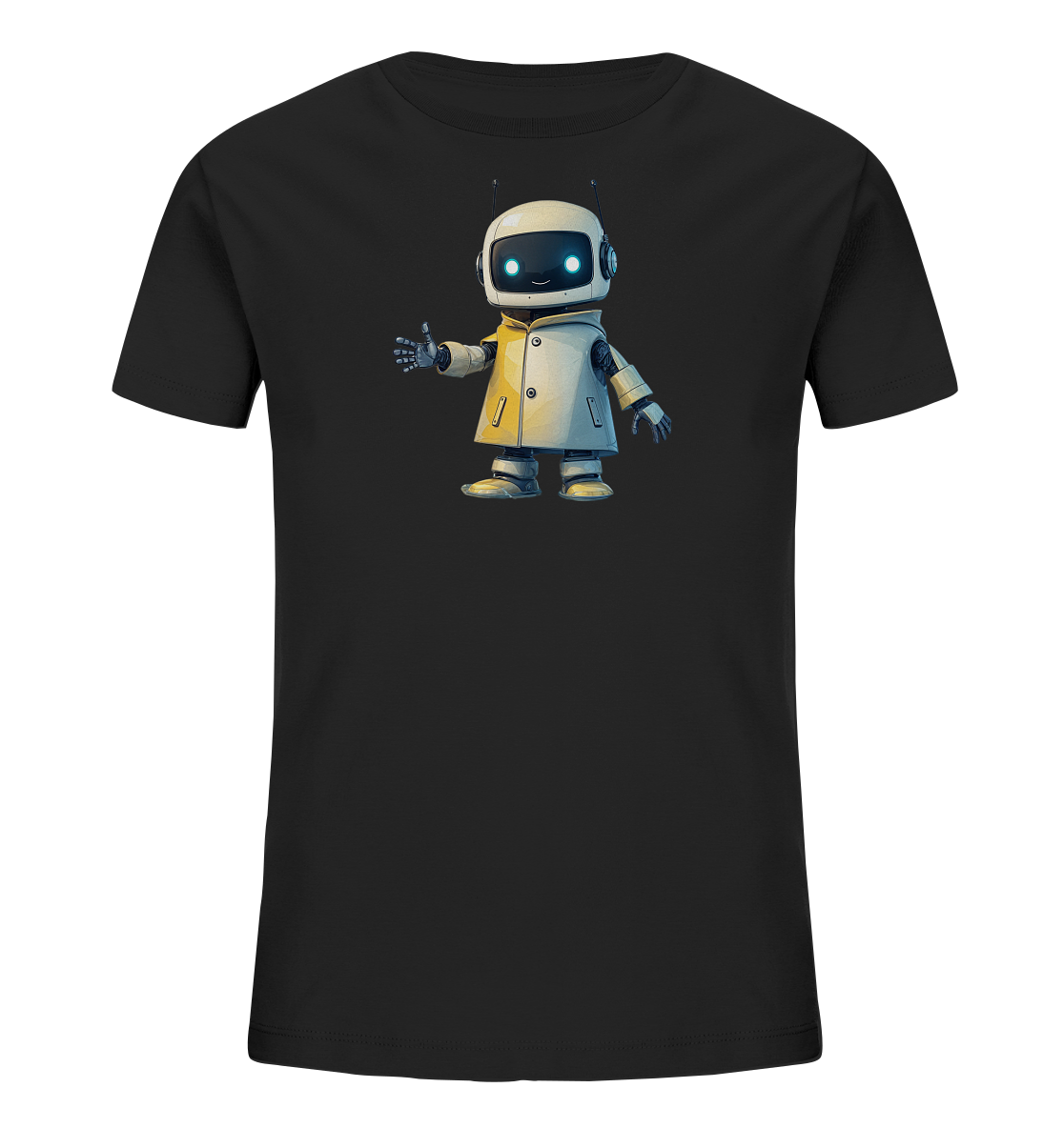 Onlineshop Shirts für Kinder - Das Bild zeigt ein schwarzes Kinder-T-Shirt mit einem großen Druck auf der Vorderseite. Der Druck stellt einen freundlich aussehenden, weißen Roboter mit gelber Jacke dar. Der Roboter hat leuchtend blaue Augen auf einem Bildschirmgesicht, trägt Kopfhörer und gibt mit einer Hand einen Daumen hoch. Dieses Design verleiht dem schlichten schwarzen T-Shirt einen verspielten und futuristischen Touch.