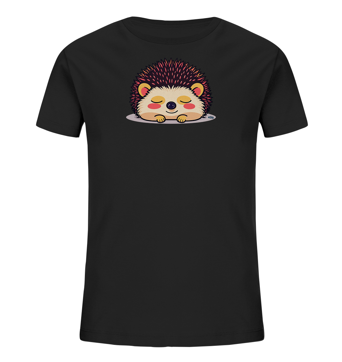 Onlineshop Shirts fuer Kinder - Das Bild zeigt ein schwarzes Kinder-T-Shirt mit einem niedlichen Cartoon-Igelmotiv auf der Vorderseite. Der Igel ist schlafend dargestellt, mit geschlossenen Augen und einer kleinen rosa Nase. Seine Stacheln sind in Rottoenen gehalten, waehrend sein Gesicht hellbeige ist, was einen sanften Kontrast bildet. Das gesamte Design des Igels wirkt sehr weich und kinderfreundlich, ruhend auf einer hellgrauen Flaeche.