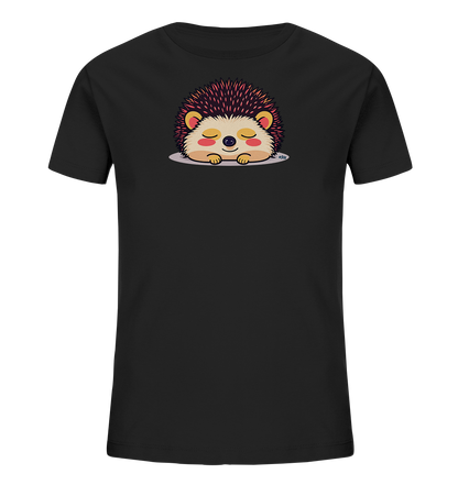 Onlineshop Shirts fuer Kinder - Das Bild zeigt ein schwarzes Kinder-T-Shirt mit einem niedlichen Cartoon-Igelmotiv auf der Vorderseite. Der Igel ist schlafend dargestellt, mit geschlossenen Augen und einer kleinen rosa Nase. Seine Stacheln sind in Rottoenen gehalten, waehrend sein Gesicht hellbeige ist, was einen sanften Kontrast bildet. Das gesamte Design des Igels wirkt sehr weich und kinderfreundlich, ruhend auf einer hellgrauen Flaeche.