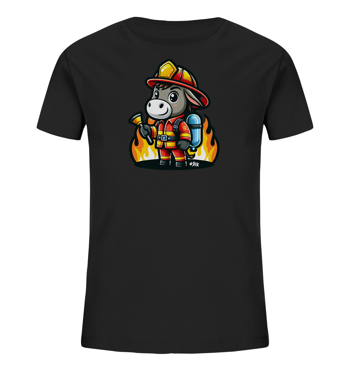 Kinder T-Shirt mit ein freundlicher Esel als Feuerwehrmann mit Helm, Anzug und Schlauch