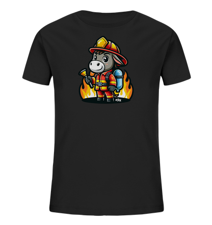Kinder T-Shirt mit ein freundlicher Esel als Feuerwehrmann mit Helm, Anzug und Schlauch