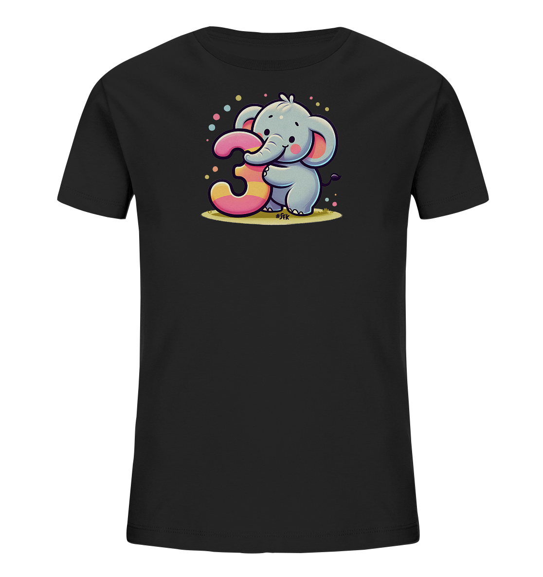 Onlineshop Shirts fuer Kinder - Das Bild zeigt ein schwarzes Kinder-T-Shirt mit einem niedlichen Aufdruck. Ein freundlicher, cartoonartiger Elefant haelt eine grosse, bunt gestreifte Zahl '3' fest. Um das Motiv herum sind spielerisch farbige Punkte verteilt. Das Design wirkt froehlich und kindgerecht.