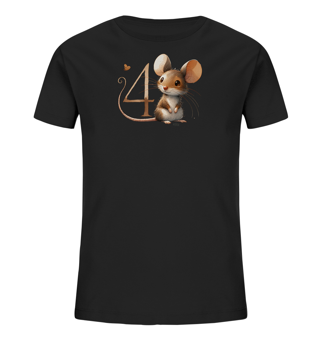Onlineshop Shirts fuer Kinder - Das Bild zeigt ein schwarzes T-Shirt fuer Kinder. Auf der Vorderseite ist eine niedliche, cartoonhafte Maus abgebildet. Sie sitzt neben der Zahl '4', die in einem goldfarbenen Ton gestaltet ist. Eine kleine Grafik ergaenzt das verspielte Motiv.