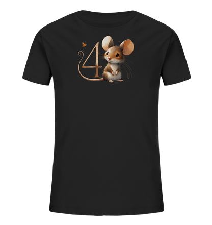 Onlineshop Shirts fuer Kinder - Das Bild zeigt ein schwarzes T-Shirt fuer Kinder. Auf der Vorderseite ist eine niedliche, cartoonhafte Maus abgebildet. Sie sitzt neben der Zahl '4', die in einem goldfarbenen Ton gestaltet ist. Eine kleine Grafik ergaenzt das verspielte Motiv.