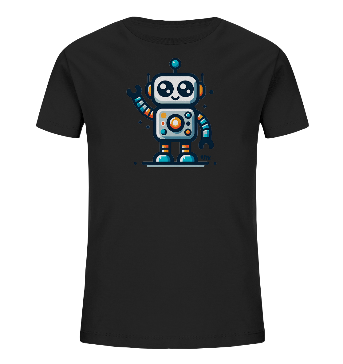 Onlineshop Shirts fuer Kinder - Schwarzes Kinder T-Shirt mit buntem Cartoon-Roboter Motiv auf der Vorderseite. Das freundlich wirkende Design in Blau, Orange und Gelb wird von kleinen Elementen umgeben.
