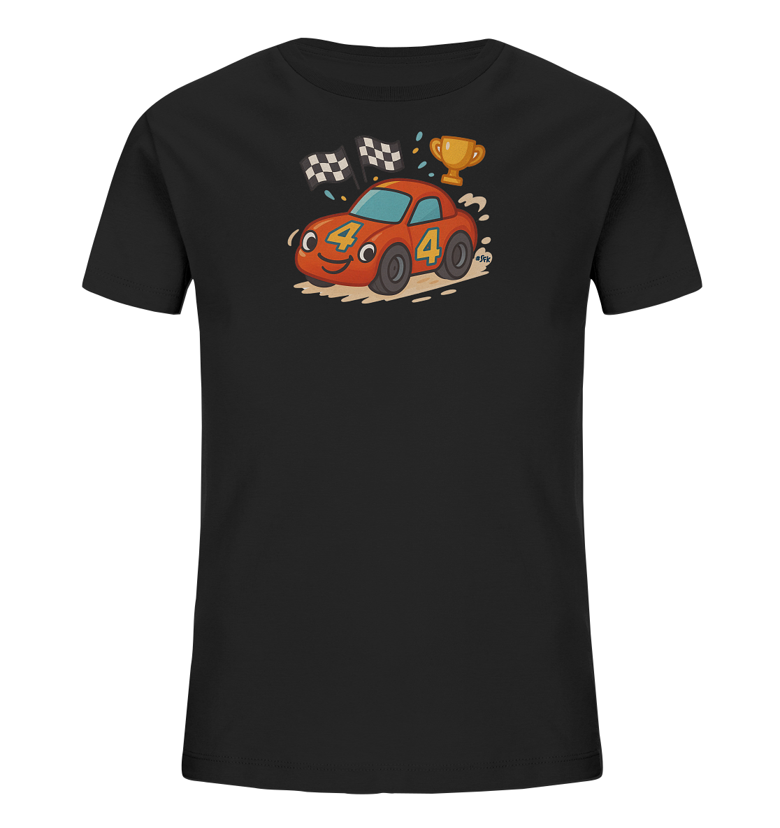 Onlineshop Shirts fuer Kinder - Das Bild zeigt ein schwarzes T-Shirt fuer Kinder mit einem farbenfrohen Aufdruck eines Cartoon-Rennautos. Das rote Rennauto hat ein freundliches Gesicht und die Nummer 4 ist prominent darauf abgebildet. Um das Auto herum sind Rennflaggen, ein goldener Pokal und aufgewirbelter Staub zu sehen. Das Design wirkt dynamisch und verspielt.