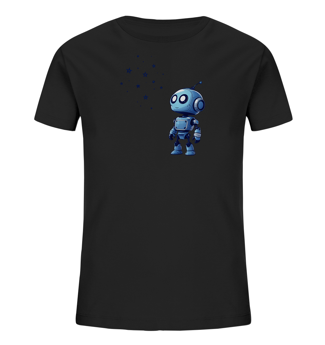 Onlineshop Shirts für Kinder - Das Bild zeigt ein schlichtes, schwarzes T-Shirt für Kinder, das flach liegend präsentiert wird. Auf der rechten Seite der Brust befindet sich eine Grafik eines kleinen, blauen Cartoon-Roboters. Der Roboter hat große, runde Augen und eine Antenne auf dem Kopf und steht aufrecht da. Links neben dem Roboter sind einige kleine, dunkelblaue Sternumrisse und Punkte zu sehen, die das Motiv ergänzen.