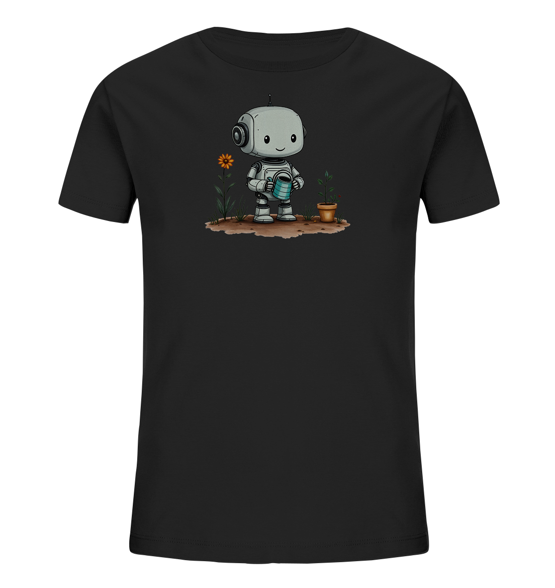 Onlineshop Shirts für Kinder - Das Bild zeigt ein schlichtes, schwarzes T-Shirt für Kinder mit einem aufgedruckten Motiv. Im Zentrum des Designs ist ein niedlicher, cartoonartiger Roboter in Grau abgebildet. Der Roboter hält eine blaue Gießkanne und scheint zwei Pflanzen zu gießen: eine orangefarbene Blume und eine junge Pflanze in einem Topf. Die Szene spielt sich auf einem Stück Erde ab und verleiht dem Shirt ein freundliches, naturverbundenes Thema.