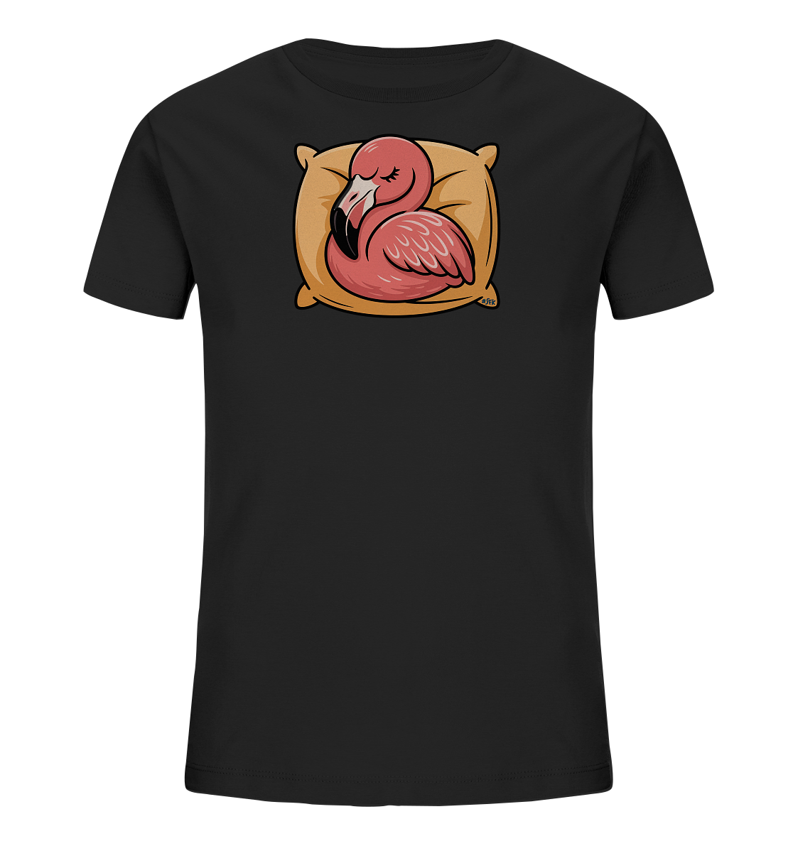 Onlineshop Shirts fuer Kinder - Das Bild zeigt ein schwarzes T-Shirt fuer Kinder. Auf der Vorderseite ist ein schlafender, pinkfarbener Flamingo abgebildet. Der Flamingo liegt auf einem hellbraunen Kissen und hat die Augen geschlossen. Das Design ist schlicht und neutral gehalten.