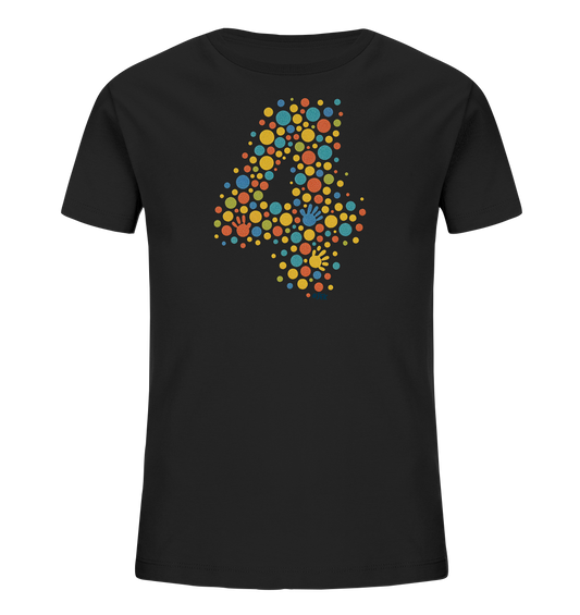 Onlineshop Shirts fuer Kinder - Das Bild zeigt ein schwarzes T-Shirt fuer Kinder mit einem grossen, stilisierten Motiv der Zahl Vier auf der Vorderseite. Das Design der '4' besteht aus vielen unterschiedlich grossen Punkten und kleinen Handabdruecken. Die Punkte und Handabdruecke sind in verschiedenen leuchtenden Farben wie Gelb, Rot, Blau und Gruen gehalten. Das Muster verleiht dem Shirt ein froehliches und dynamisches Aussehen.