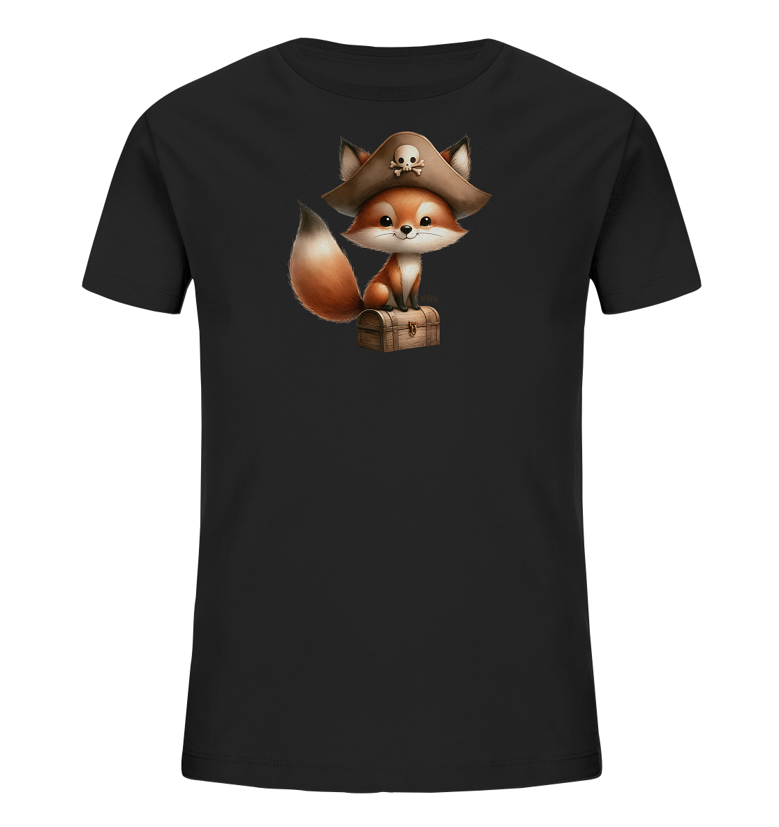Onlineshop Shirts fuer Kinder - Das Bild zeigt ein schwarzes T-Shirt fuer Kinder mit einem verspielten Motiv. Darauf ist ein niedlicher Fuchs in einem Piratenhut mit Totenkopfsymbol abgebildet. Der Fuchs sitzt auf einer kleinen, detailreich gestalteten Schatztruhe. Das Design ist eine charmante Illustration in warmen Farbtoenen.