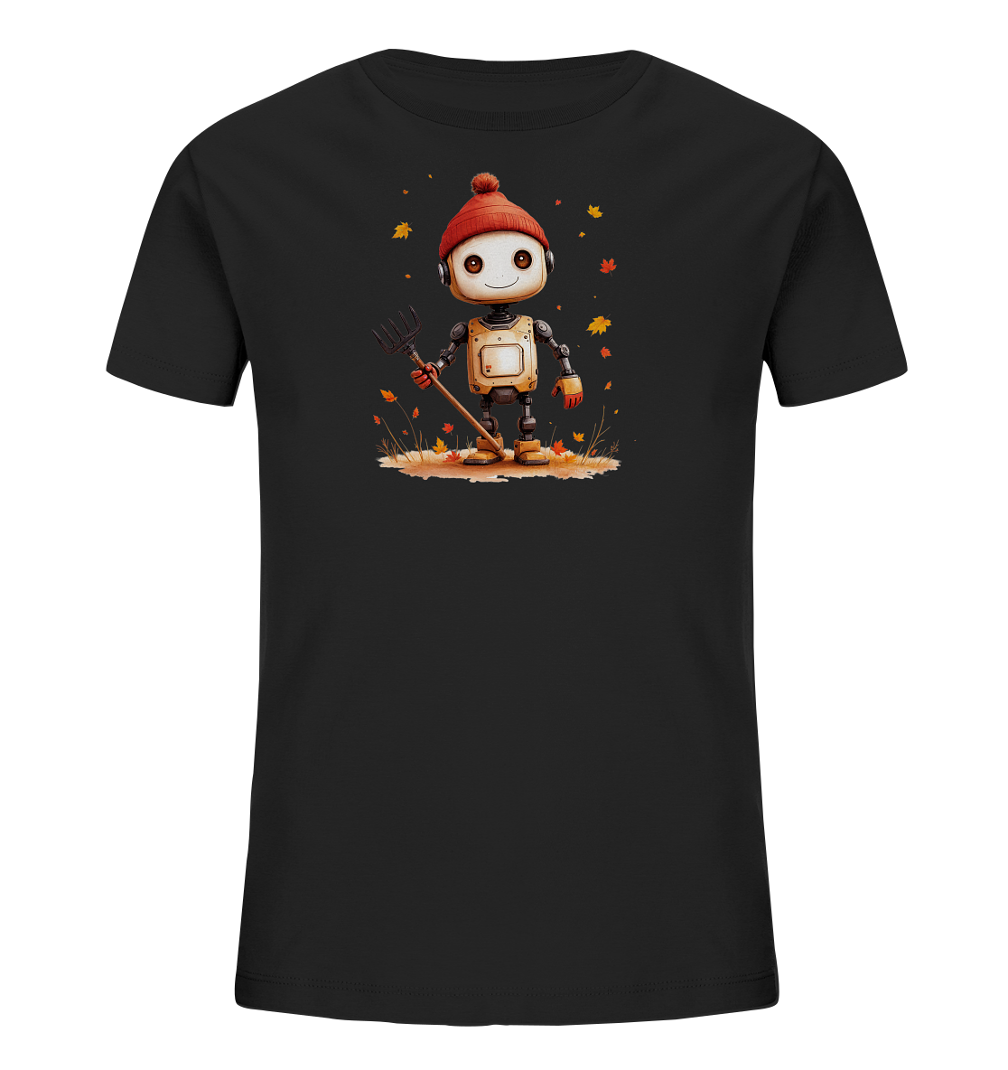 Onlineshop Shirts für Kinder - Das Bild zeigt ein schwarzes T-Shirt für Kinder mit einem farbenfrohen Motiv auf der Vorderseite. Zentral platziert ist die Illustration eines freundlich lächelnden Roboters, der eine rote Pudelmütze trägt und eine kleine Gartenharke in der Hand hält. Der Roboter steht auf einem Stück Erde oder Gras, umgeben von herabfallenden Herbstblättern in warmen Orange- und Gelbtönen. Das gesamte Design erzeugt eine verspielte und herbstliche Stimmung.