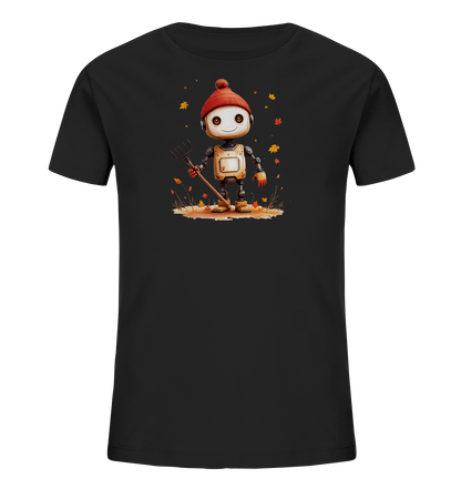 Onlineshop Shirts für Kinder - Das Bild zeigt ein schwarzes T-Shirt für Kinder mit einem farbenfrohen Motiv auf der Vorderseite. Zentral platziert ist die Illustration eines freundlich lächelnden Roboters, der eine rote Pudelmütze trägt und eine kleine Gartenharke in der Hand hält. Der Roboter steht auf einem Stück Erde oder Gras, umgeben von herabfallenden Herbstblättern in warmen Orange- und Gelbtönen. Das gesamte Design erzeugt eine verspielte und herbstliche Stimmung.