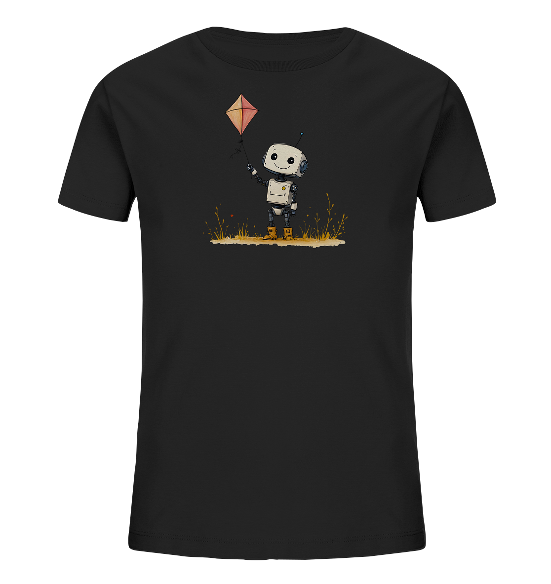 Onlineshop Shirts für Kinder - Das Bild präsentiert ein schwarzes Kinder-T-Shirt mit einer farbigen Grafik auf der Vorderseite. Die Illustration zeigt einen kleinen, weiß-grauen Roboter mit einem freundlichen Gesichtsausdruck, der in einer Wiese steht. Der Roboter hält die Schnur eines orangefarbenen Drachens, der über ihm in die Höhe steigt. Dieses verspielte Motiv ist detailliert gestaltet und setzt einen lebhaften Akzent auf dem dunklen Stoff des Shirts.
