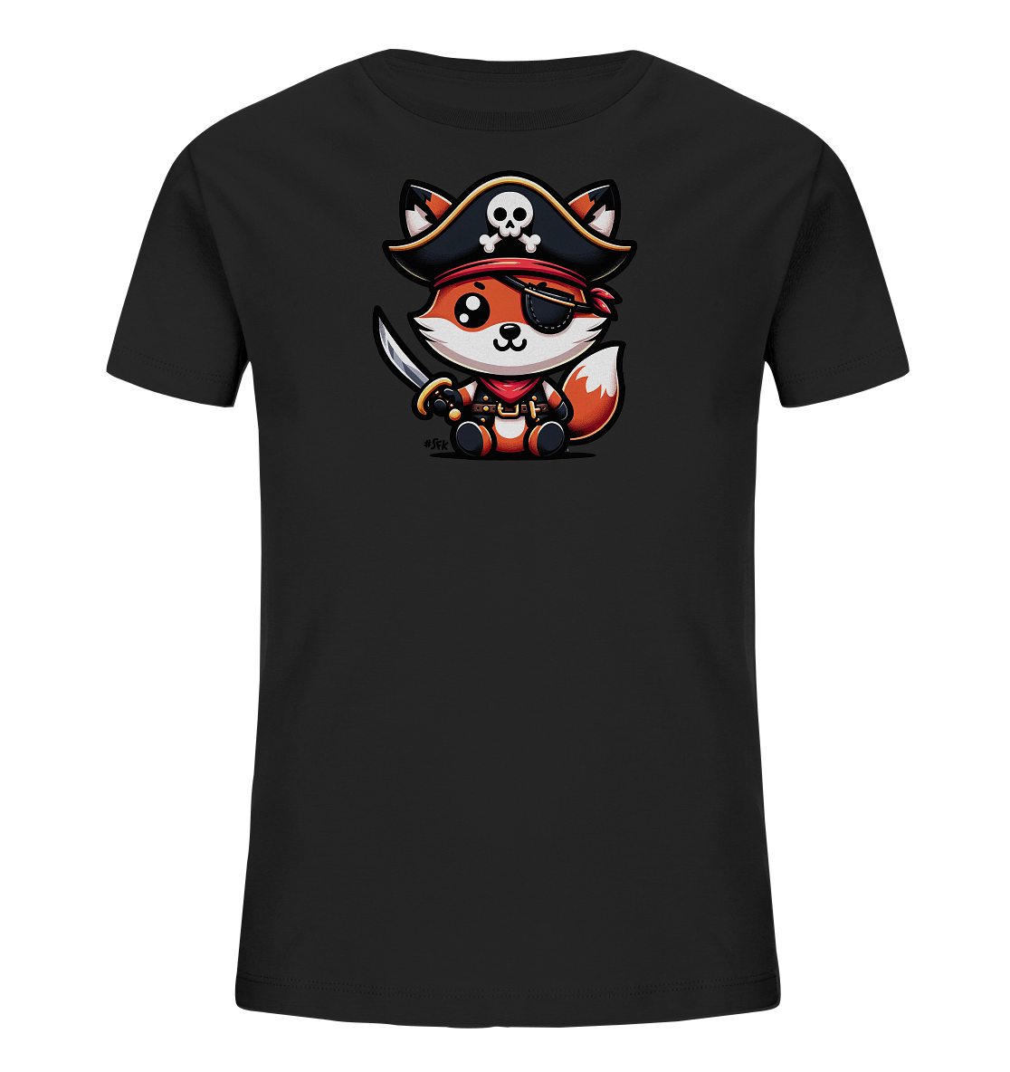 Onlineshop Shirts fuer Kinder - Das Bild zeigt ein schwarzes T-Shirt mit einer niedlichen Illustration eines Fuchses in Piratenmontur. Der Cartoon-Fuchs hat grosse Augen, traegt einen Piratenhut mit Totenkopf, eine rote Augenklappe und ein Kopftuch sowie einen kleinen Saebel. Er sitzt aufrecht und blickt freundlich. Das Design wirkt froehlich und abenteuerlich.