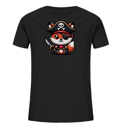 Onlineshop Shirts fuer Kinder - Das Bild zeigt ein schwarzes T-Shirt mit einer niedlichen Illustration eines Fuchses in Piratenmontur. Der Cartoon-Fuchs hat grosse Augen, traegt einen Piratenhut mit Totenkopf, eine rote Augenklappe und ein Kopftuch sowie einen kleinen Saebel. Er sitzt aufrecht und blickt freundlich. Das Design wirkt froehlich und abenteuerlich.